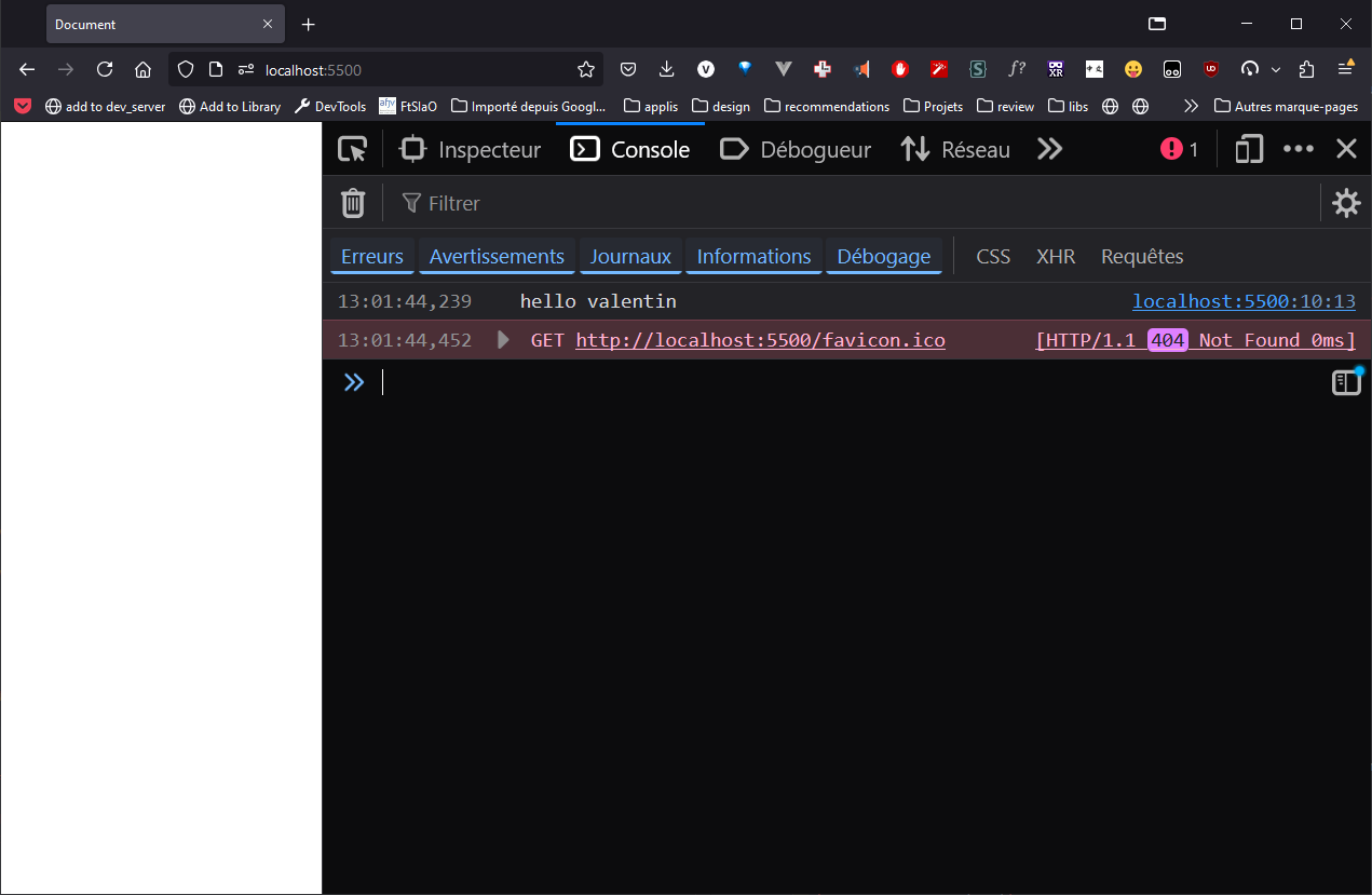 Le message "hello valentin" dans la console
