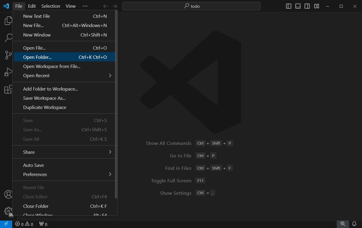 VSCode montrant le menu file -> open folder, ouvrable avec Ctrl+K CTRL+O